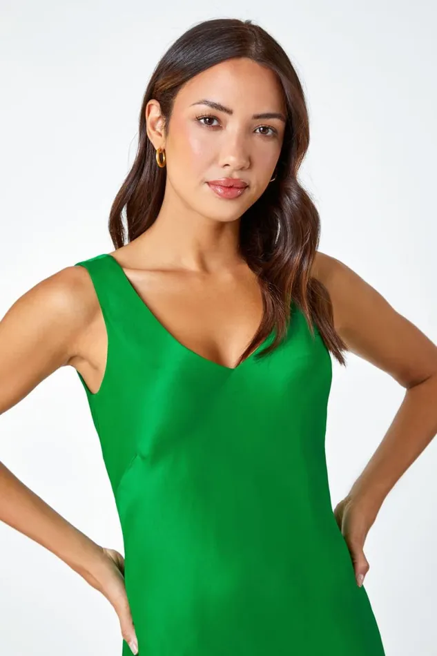 Women Green Bias Cut Stretch Maxi Dress Roman Dresses