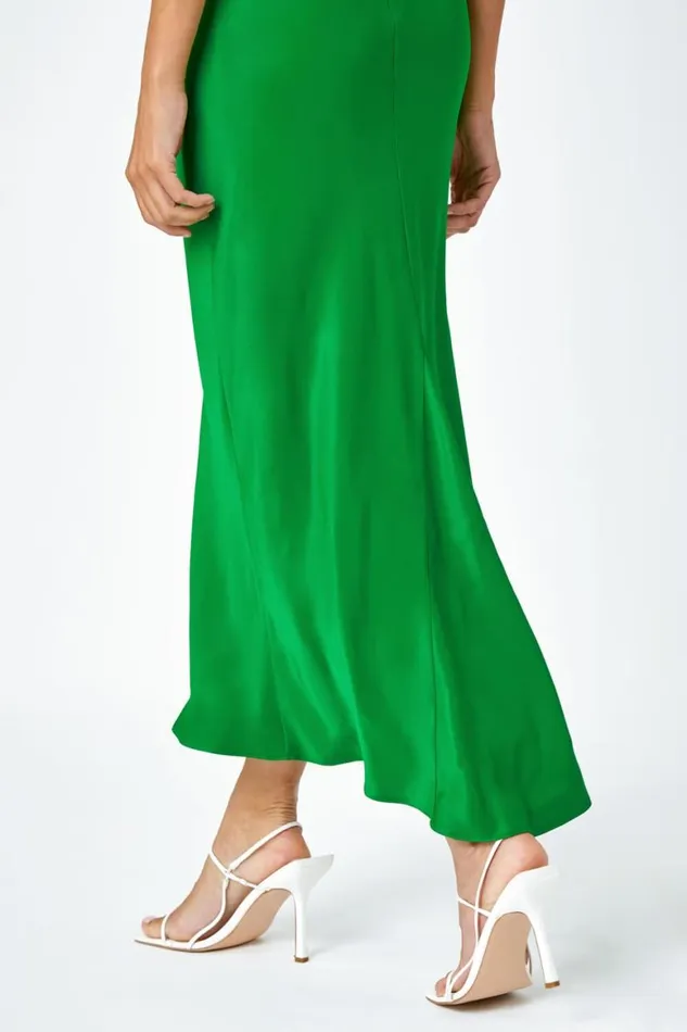 Women Green Bias Cut Stretch Maxi Dress Roman Dresses