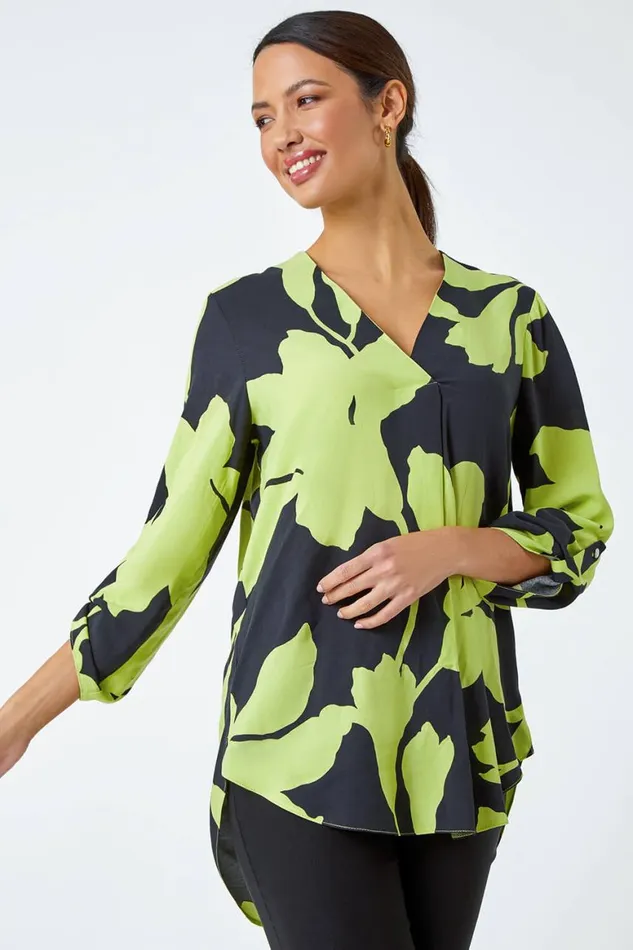 Women Green Bold Floral Print VNeck Pleat Front Top Roman Tops