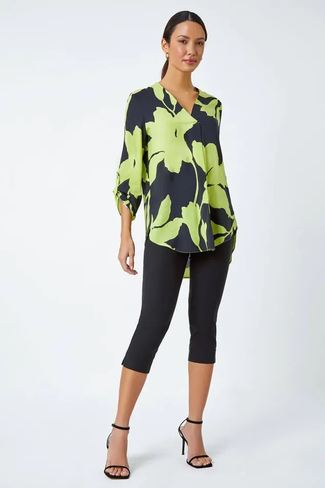 Women Green Bold Floral Print VNeck Pleat Front Top Roman Tops