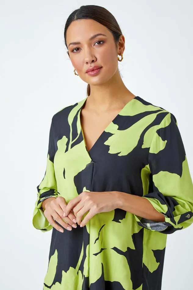 Women Green Bold Floral Print VNeck Pleat Front Top Roman Tops