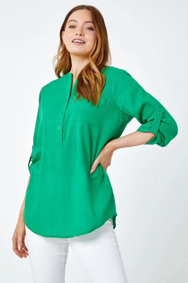 Women Green Button Detail VNeck Cotton Overshirt Roman Tops