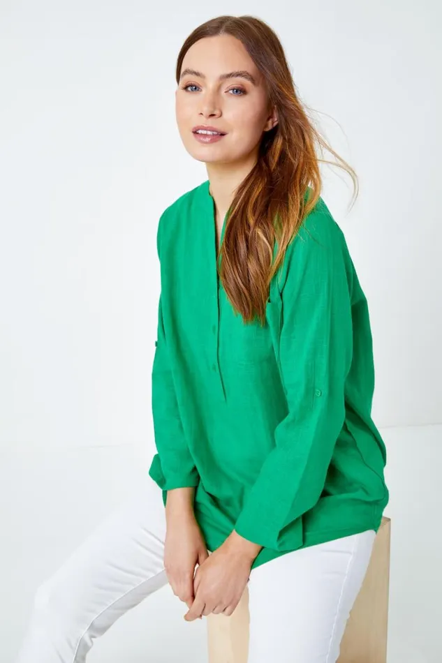 Women Green Button Detail VNeck Cotton Overshirt Roman Tops