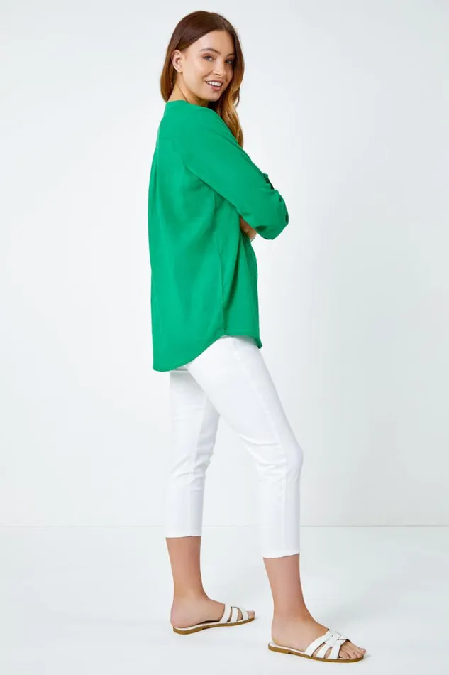 Women Green Button Detail VNeck Cotton Overshirt Roman Tops
