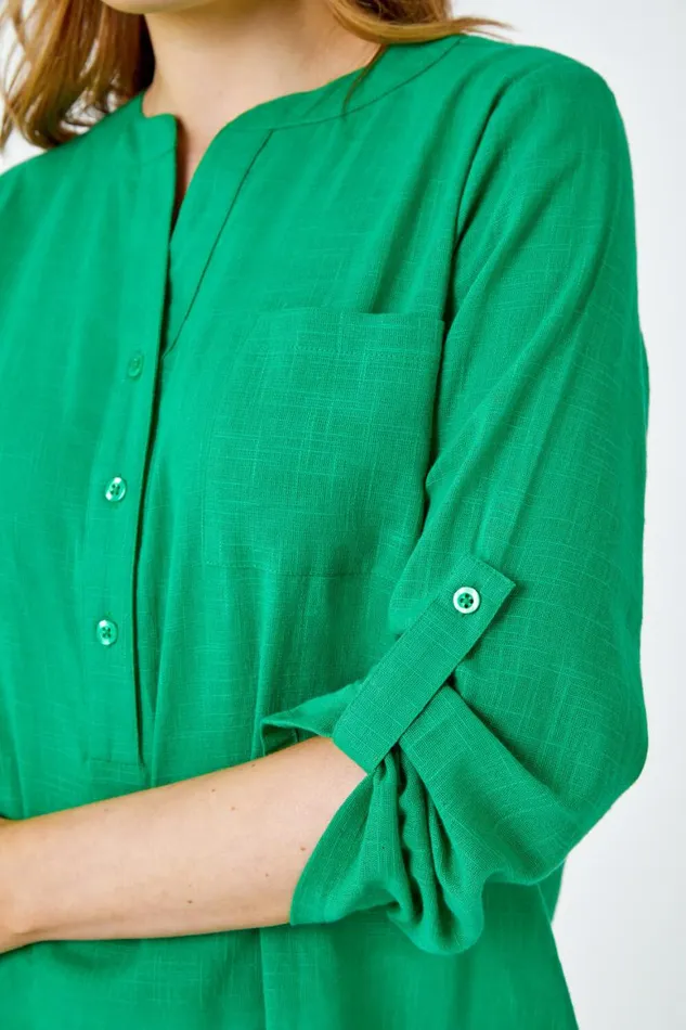 Women Green Button Detail VNeck Cotton Overshirt Roman Tops