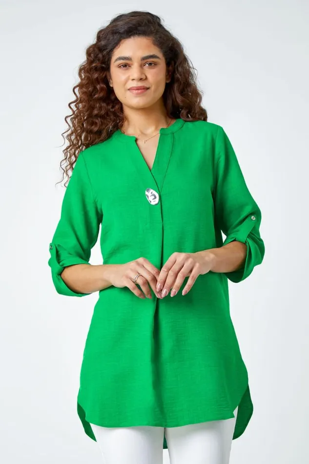Women Green Button Detail VNeck Longline Tunic Blouse Roman Tops