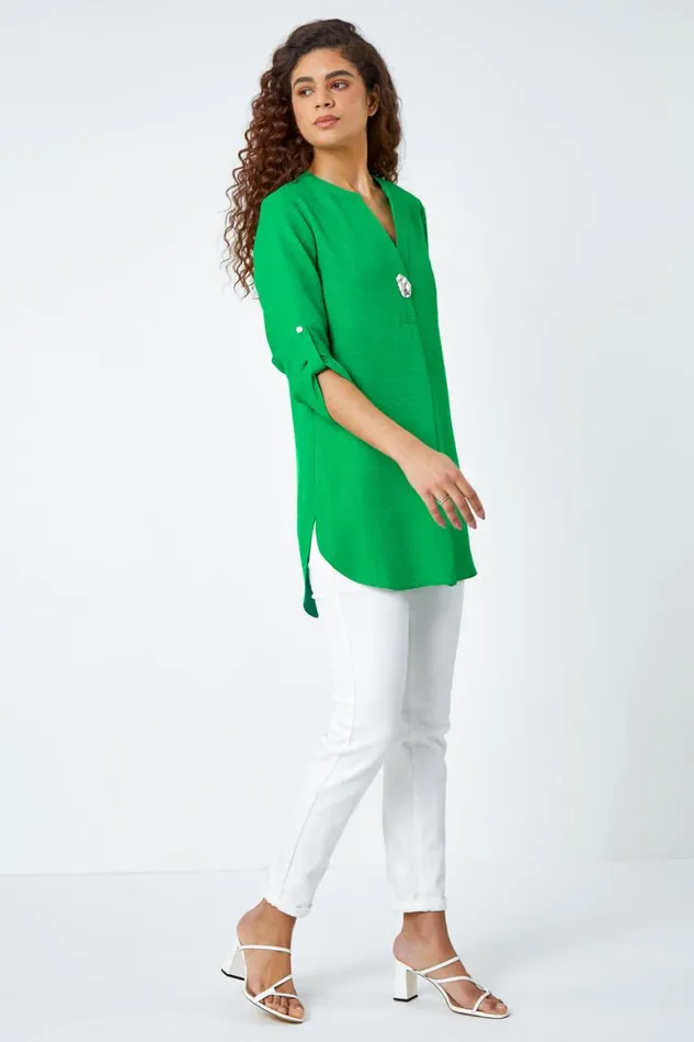 Women Green Button Detail VNeck Longline Tunic Blouse Roman Tops