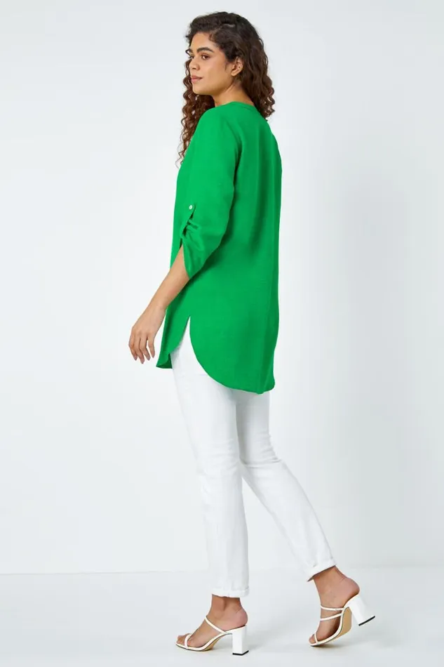 Women Green Button Detail VNeck Longline Tunic Blouse Roman Tops