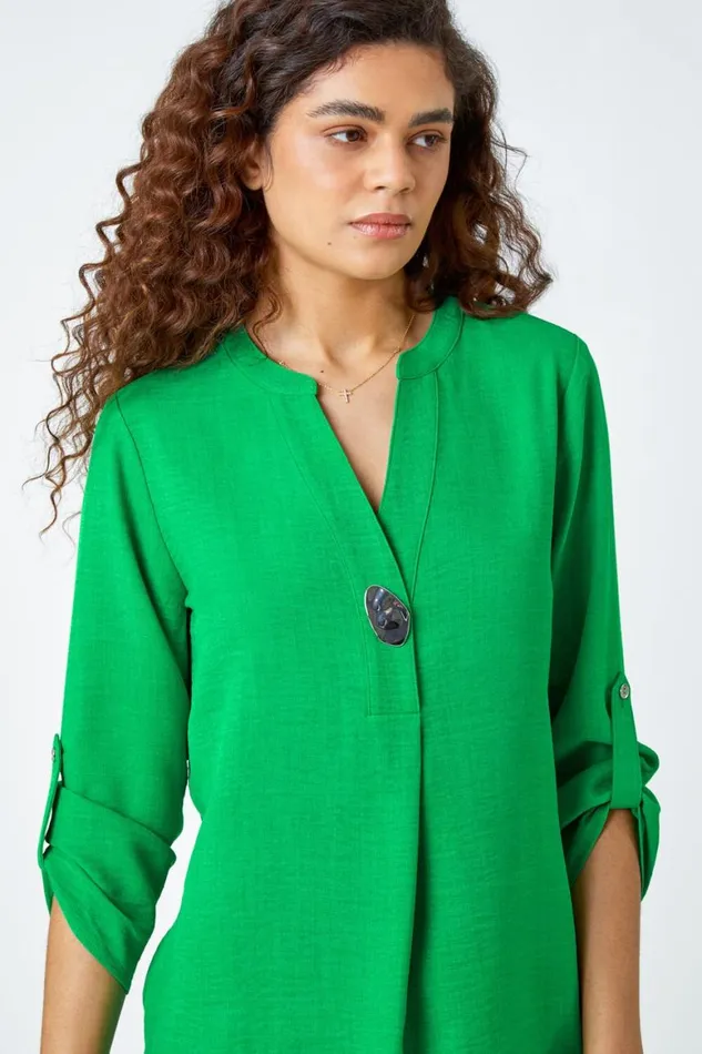 Women Green Button Detail VNeck Longline Tunic Blouse Roman Tops