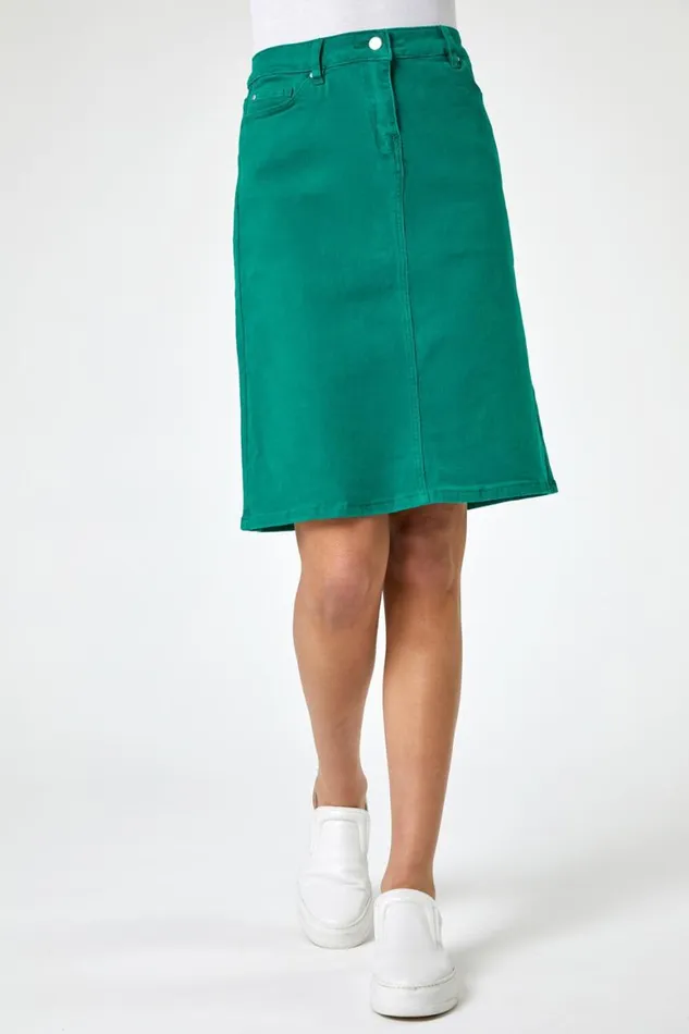 Women Green Cotton Denim Stretch A Line Skirt Roman Skirts