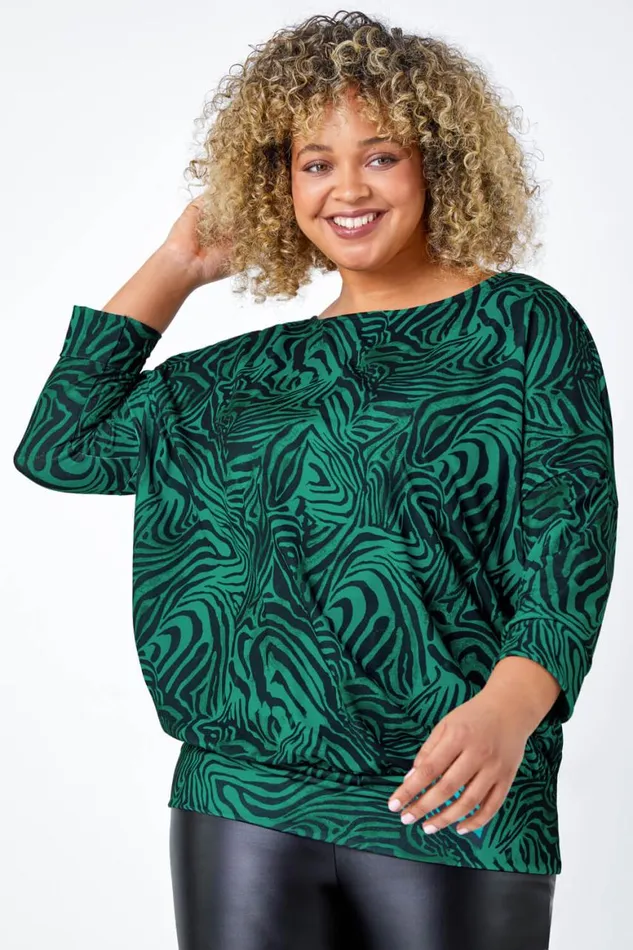 Women Green Curve Animal Print Blouson Stretch Top Roman Tops