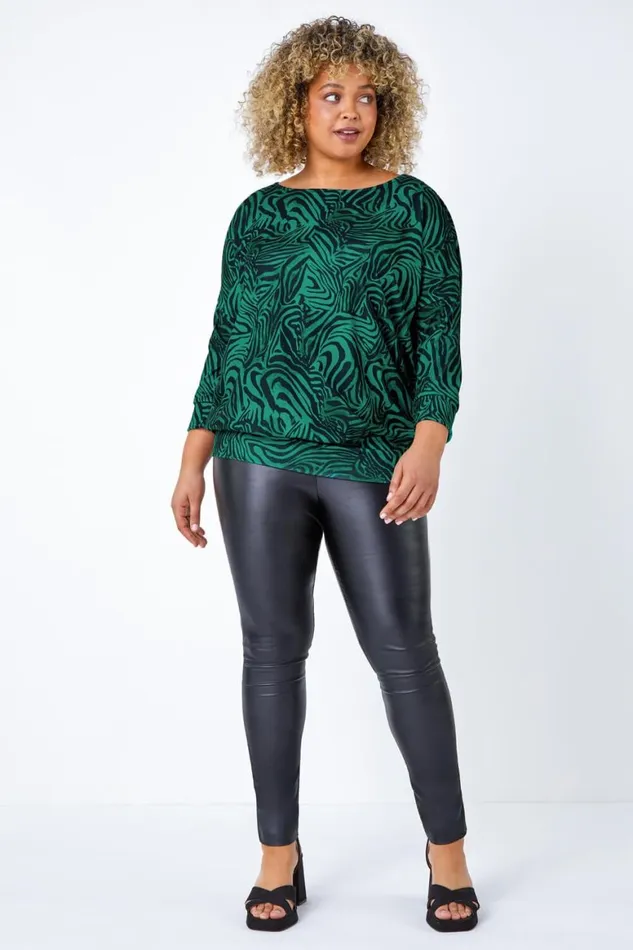 Women Green Curve Animal Print Blouson Stretch Top Roman Tops