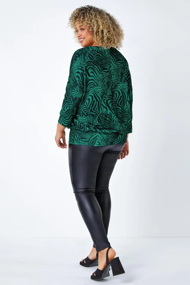 Women Green Curve Animal Print Blouson Stretch Top Roman Tops
