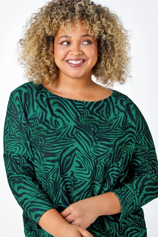 Women Green Curve Animal Print Blouson Stretch Top Roman Tops
