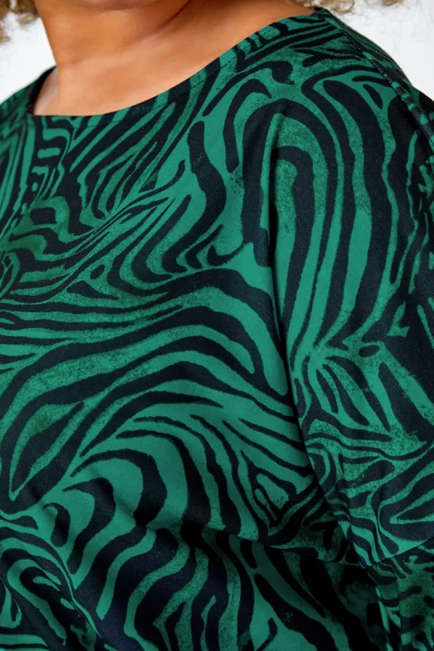 Women Green Curve Animal Print Blouson Stretch Top Roman Tops