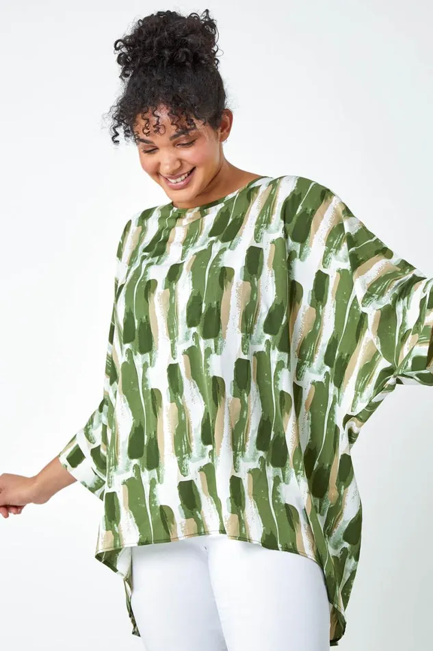 Women Green Curve Dipped Hem Abstract Print Top Roman Tops