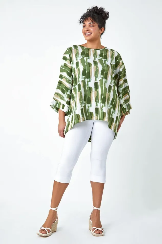 Women Green Curve Dipped Hem Abstract Print Top Roman Tops
