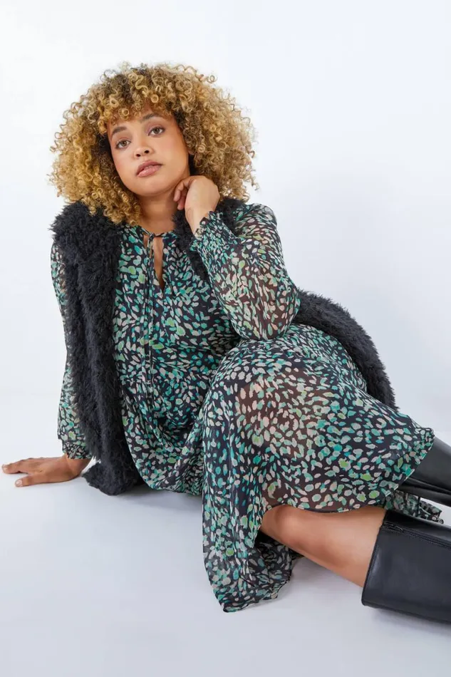Women Green Curve Floral Chiffon Midi Dress Roman Dresses