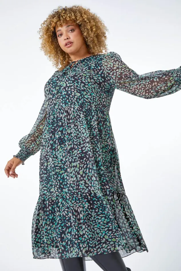 Women Green Curve Floral Chiffon Midi Dress Roman Dresses