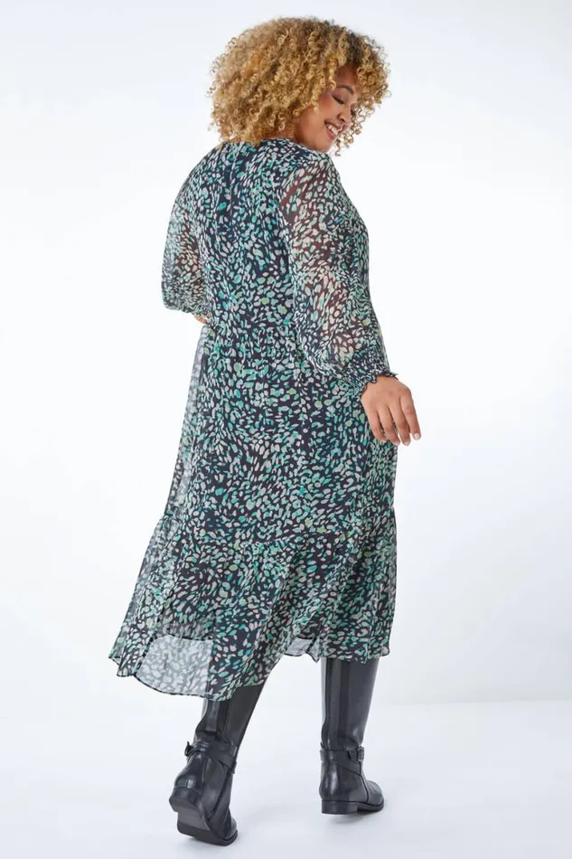 Women Green Curve Floral Chiffon Midi Dress Roman Dresses