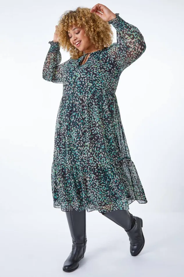 Women Green Curve Floral Chiffon Midi Dress Roman Dresses