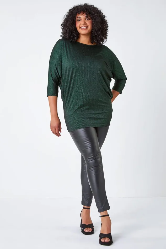 Women Green Curve Glitter Stripe Blouson Stretch Top Roman Tops