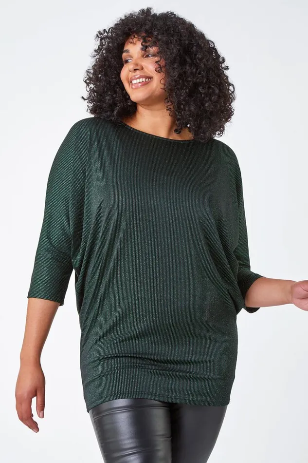 Women Green Curve Glitter Stripe Blouson Stretch Top Roman Tops