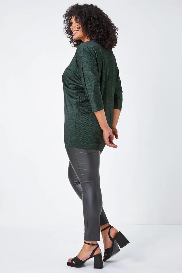 Women Green Curve Glitter Stripe Blouson Stretch Top Roman Tops