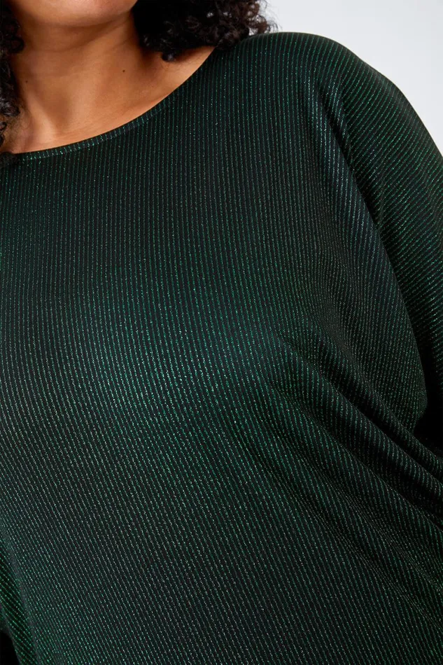 Women Green Curve Glitter Stripe Blouson Stretch Top Roman Tops