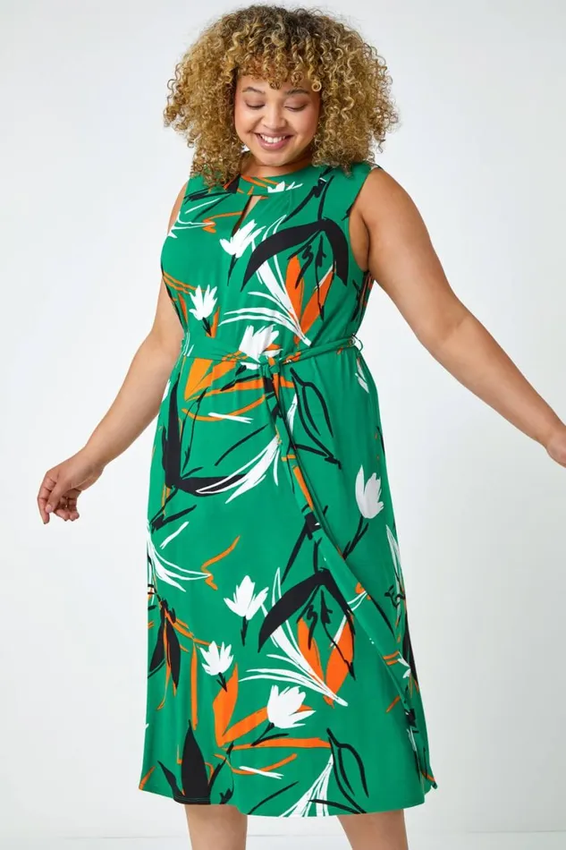 Women Green Curve Leaf Print Tie Detail Dress Roman Dresses