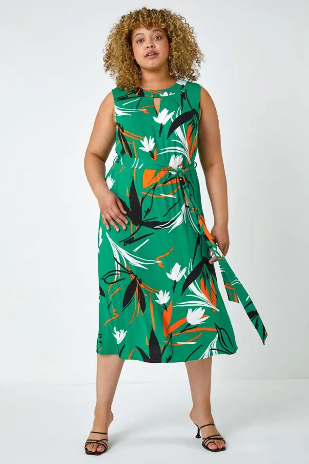 Women Green Curve Leaf Print Tie Detail Dress Roman Dresses