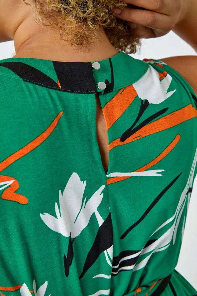 Women Green Curve Leaf Print Tie Detail Dress Roman Dresses