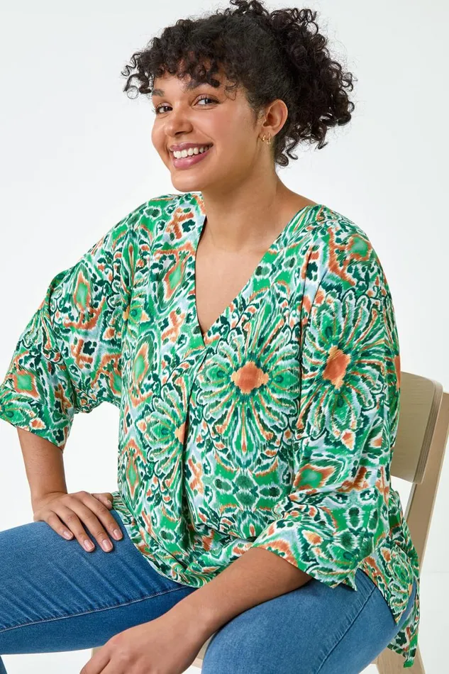 Women Green Curve Printed Pleat Front Top Roman Tops