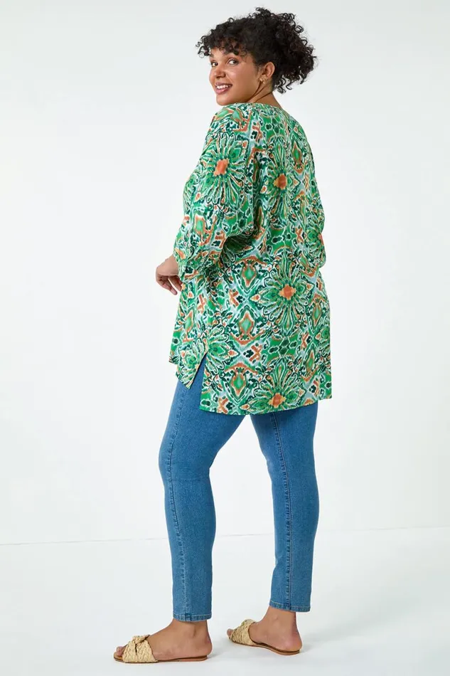 Women Green Curve Printed Pleat Front Top Roman Tops