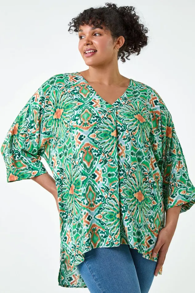 Women Green Curve Printed Pleat Front Top Roman Tops