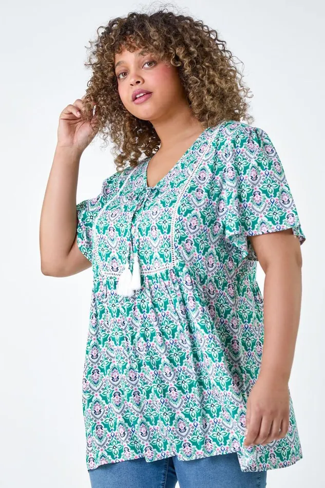 Women Green Curve Tie Front VNeck Boho Printed Top Roman Tops