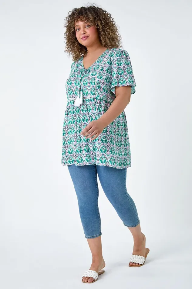 Women Green Curve Tie Front VNeck Boho Printed Top Roman Tops