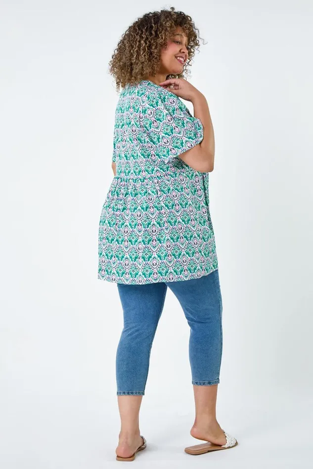 Women Green Curve Tie Front VNeck Boho Printed Top Roman Tops