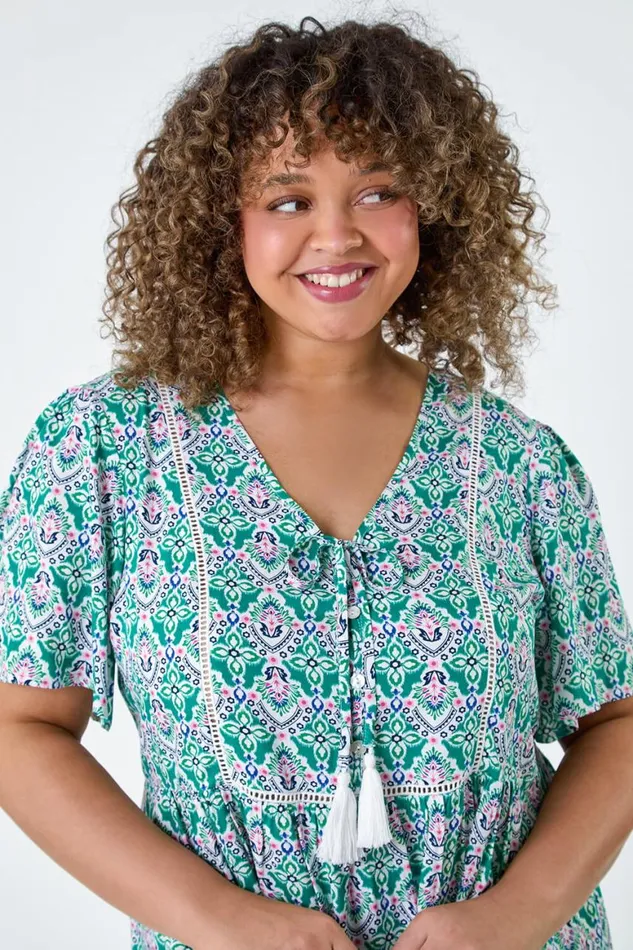 Women Green Curve Tie Front VNeck Boho Printed Top Roman Tops