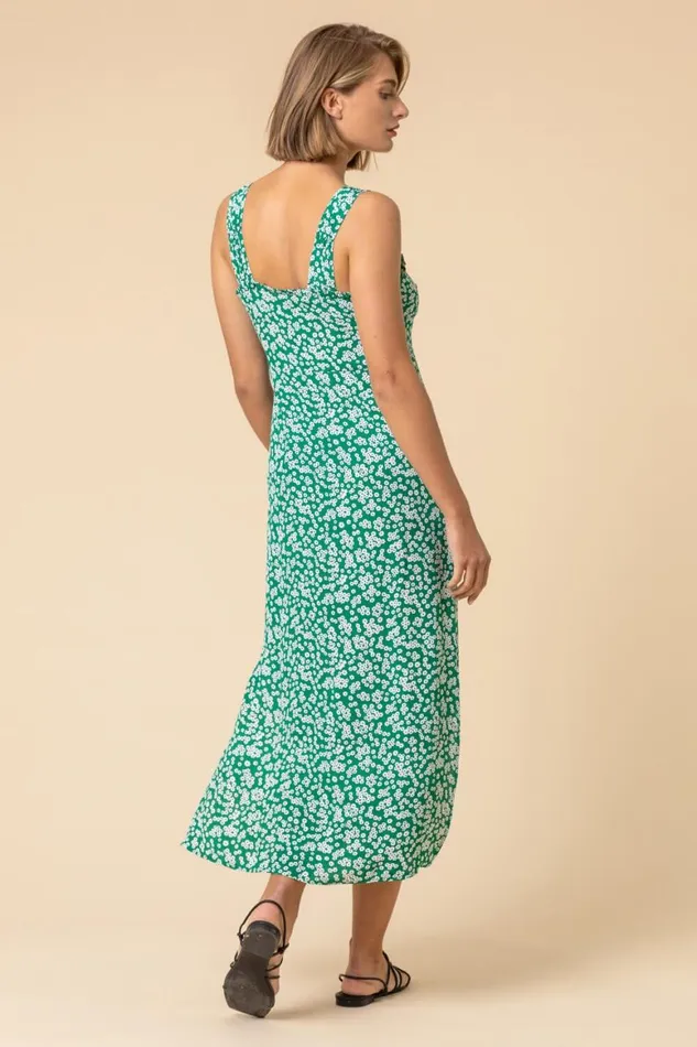 Women Green Ditsy Floral Button Through Dress Roman Dresses