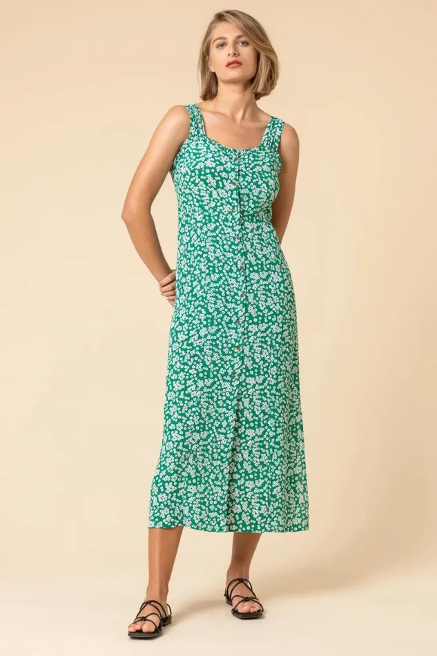 Women Green Ditsy Floral Button Through Dress Roman Dresses
