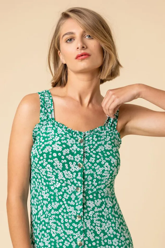 Women Green Ditsy Floral Button Through Dress Roman Dresses
