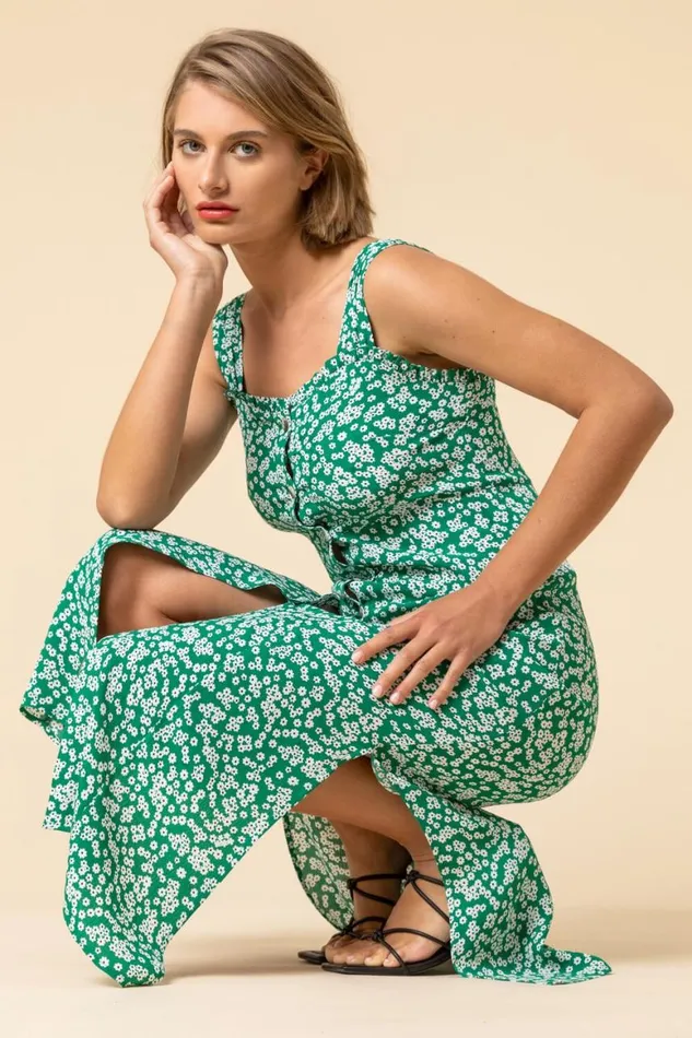 Women Green Ditsy Floral Button Through Dress Roman Dresses