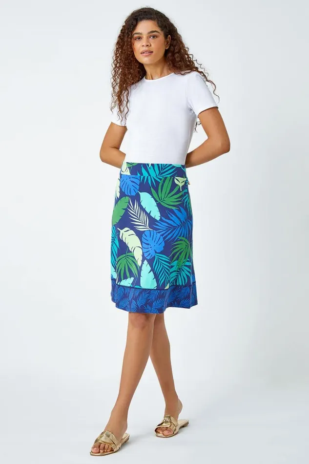 Women Green Elastic Waist Palm Leaf Border A Line Skirt Roman Skirts