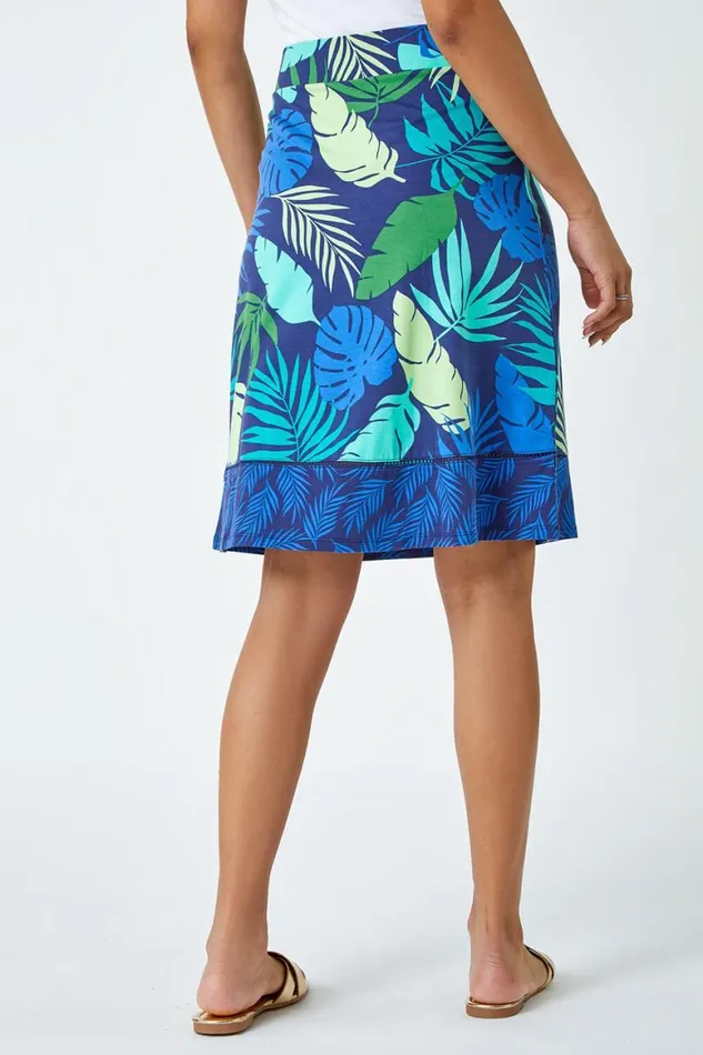 Women Green Elastic Waist Palm Leaf Border A Line Skirt Roman Skirts