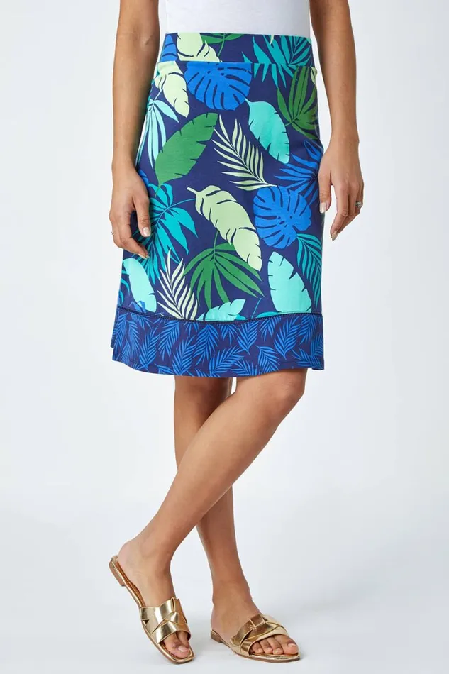 Women Green Elastic Waist Palm Leaf Border A Line Skirt Roman Skirts