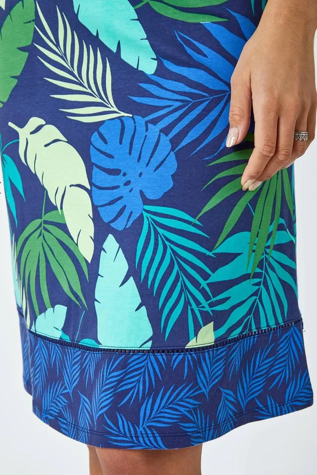 Women Green Elastic Waist Palm Leaf Border A Line Skirt Roman Skirts