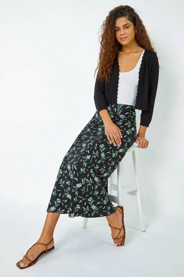 Women Green Floral Leaf Jersey A Line Midi Skirt Roman Skirts
