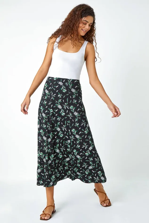 Women Green Floral Leaf Jersey A Line Midi Skirt Roman Skirts