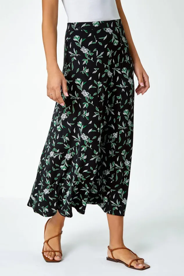 Women Green Floral Leaf Jersey A Line Midi Skirt Roman Skirts